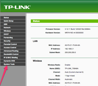 Menü der Original-Software von TP-Link